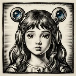 Woodcut portrait of a beautiful cute girl with robot ears by greg rutkowski, neoclassic, 4k, intricate details