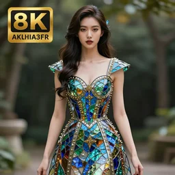 beautiful woman wearing a dress made of stained glass, incredibly detailed, trending on artstation, award winning, 8K -4 n