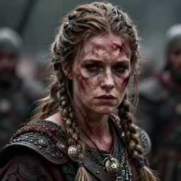 Ultrawide realistic photo of a bloody fierce viking woman, injured, battle-scarred mind-blowing details, hyperrealism, highly detailed face, ethereal, sadness, luxury, ominous, scarred, highly detailed, viking attire, cinematic, 16k, 1080s,  smooth, sharp focus, by Stanley Artgermm, WLOP, trending on DeviantArt, trending on ArtStation, digital art, Smooth gradients, depth of field, shot on Canon Camera