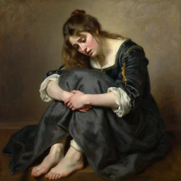 painting by Edmund Blair Leighton of a confused beautiful young woman in medieval clothes, looking down at her feet with a confused expression, pulling her clothes, 4k oil on linen by Edmund Blair Leighton, soft lighting 8k resolution