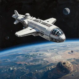 painting of a spaceship above an alien planet, ultra detailed, high resolution, by paul lehr robert mccall, 8 k