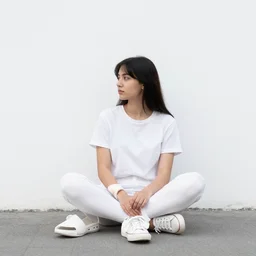 concept, girl sitting on street, against wall, alone, crossed legs, looking left, white braids, singular, akira toriyama, styled, photoshop mid filter, anime, full portrait, stylistic lighting