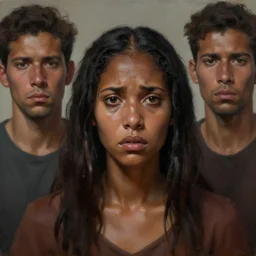 a painting of a terrified brown woman with three brown men in background, hyperrealistic faces, detailed digital art, aesthetic!, trending on artstation,