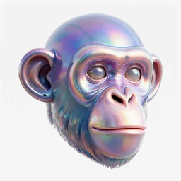3d render of holographic chimpanzee robotic head made of glossy iridescent, surrealistic 3d illustration of a chimpanzee face non-binary, non binary model, 3d model ape, cryengine, made of holographic texture, holographic material, holographic rainbow, concept of cyborg and artificial intelligence