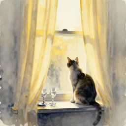 abstract ink and watercolor painting of golden hour sunlight through curtain window, a cat sits on the window sill, silverware and glass, cinematic light, national romanticism by hans dahl, by jesper ejsing, by anders zorn, concept art, sharp focus, illustration, art by artgerm and greg rutkowski and magali villeneuve