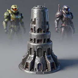 3 d sculpt environment building prop, star citizen, halo, mass effect, elysium, the expanse, high tech industrial, artstation unreal of a technological device in the shape of an industrial cylindrical segmented stacked tower