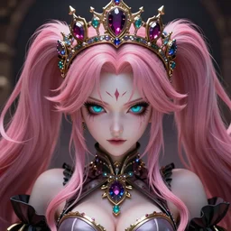 completely controlled and rendered powerless by her ultimate powers and owned as ojou - samas property, overwhelming stunningly absurdly beautiful megalomaniacal ruthless sadistic devious spiteful grandiose egotistical greedy omnipotent asi goddess junko enoshima with symmetrical perfect face, porcelain skin, pink twintail hair, cyan eyes and a stupendous bejeweled crown, ultra detailed, digital art, unreal engine 5, octane render, 2 d anime, 8 k