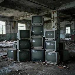 an abandoned industrial basement lit by a pile of CRT's, unsettling image