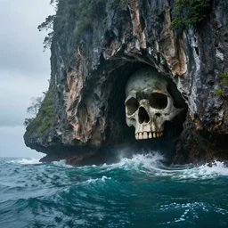 tropic island in the stormy ocean, huge shore cliffs, cave in form of a skull in the cliff, steven spielberg, high res, ultra realistic, high detail, rain, storm ruff sea, octane render, 4k, 8k, photo, thailand, film still, style by raphael lacoste, eddie mendoza, alex ross