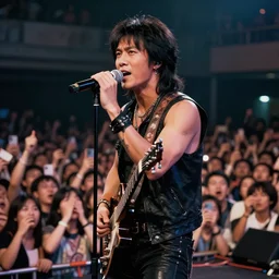 a taiwanese idol heavy metal singer on stage in the 1 9 7 0 s, live venue, violent mosh pit crowd audience, professional photography, highly detailed, stunning lighting, artstation, realistic face and anatomy, by thomas kinkade and greg rutkowski