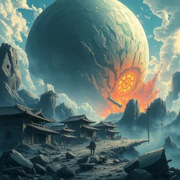destroyed village, with huge planetary devastation jutsu, main character hovering infront of the mass of rock, anime, trending on artstation, hiroaki tsutsumi style