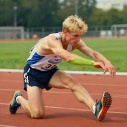 a handsome blonde haired track star stretching before his race. By Ilya Repin and Robert Fawcett. Masterpiece