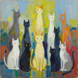 contemporary semi abstract acrylic painting of really tall sitting cats by makoto shinkai, by lisa frank, by victo ngai, by kessler art, thick brush strokes and visible paint layers, multicolor color scheme