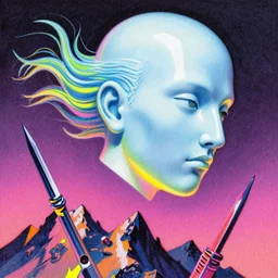 a close - up grainy, risograph painting, hyper light drifter, neon colors, a big porcelain glossy eva 0 0 1 - like head, with long hair, floating above the sharp peaks weapons, style by moebius and kim jung gi