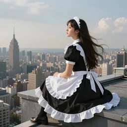 Lady in a black and white maid dress with long hair, she is sitting on the roof of a skyscraper and looking at the horizon of a large city. Fantasy and concept art by Konstantin Razumov