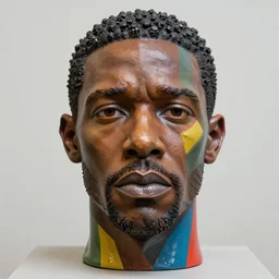 beautiful close - up studio photograph of colorful postmodern portrait sculpture of chadwick boseman disappointed, beautiful symmetrical face accurate face detailed face realistic proportions, made of spray - painted beeswax on a pedestal by ron mueck and matthew barney and greg rutkowski, hyperrealism intense cinematic lighting shocking detail 8 k