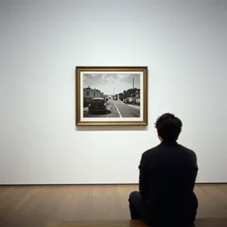 someone seen from behind sitting in an empty gallery contemplating over a frame hanging at the opposite wall, photo taken with provia 1967