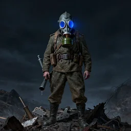 portrait of futuristic world war 1 russian flamethrower soldier with gp - 5 gas mask with blue light glowing, on top of a giant debris pile, dark night background, eerie colors, high details, dripping paint, greg rutkowski, craig mullins, ash thorpe, fibonacci rhythm ar