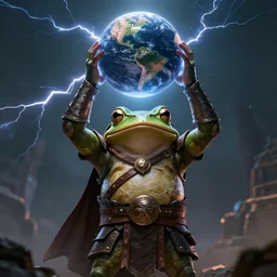 a powerful warrior frog in armour with hands up, holding a planet, cinematic lightning, artstation trending, matte painting, 8 k, octane, digital art, apocalyptic, special