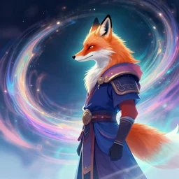 side profile, the fox headed warrior god, gloomhaven, luminescent, colorful swirly magic ripples, dreamy colors, by greg manchess, huang guangjian, gil elvgren, sachin teng, greg rutkowski, jesper ejsing, ilya kuvshinov