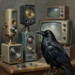 a raven observing 8 0 s era technology, vintage shapes, retro technology, harsh color, wayne barlow, oil on canvas, deep depth of field, masterpiece, cinematic composition, hyperdetailed