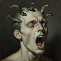 a painting of a decapitated screaming man's face with snakes coming out of a hole in his forehead, a surrealist painting, polycount, behance, surrealism, surrealist, lovecraftian, cosmic horror, grotesque