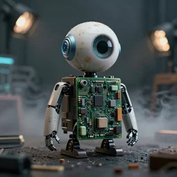 robot parrot, smoky atmosphere, bokeh, led lights, circuit board, complex electronics, dystopian, grunge, eyeball camera, sharp details, octane render