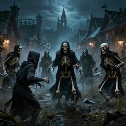 dangerous skeletons wearing hoodies robes attacking a village at night, dnd, dramatic, fantasy art
