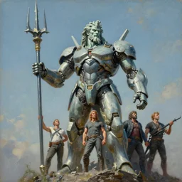 a giant statue poseidon trident mecha, tim hildebrandt, wayne barlowe, bruce pennington, donato giancola, trending on artstation, cinematic composition, beautiful lighting, hyper detailed, 8 k, oil on canvas