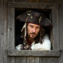 russell crowe with large pirate hat peering out concerned down to camera from a small window in a wooden wall