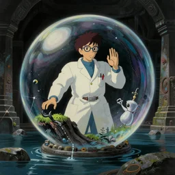 hyperrealist, studio ghibli dull colors painting from close encounters of the third kind 1 9 7 7 of a warped scientist exiting a beautiful sphere in a bubble in a flooded temple.