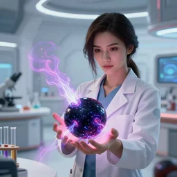league of legends concept art beautiful young female scientist holding black hole in her hands, futuristic laboratory in background, black hole with plasma jets, art by charles liu, close up shot, white hi - tech interior, table with test tubes and scientific equipment, fantasy style, soft lighting, vibrant color scheme, volumetric lighting, octane render, commission art, 8 k resolution