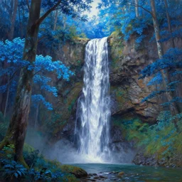 A beautiful oil painting of a very tall waterfall on a very rocky cliff, in the middle of a huge forest of trees with bright blue glowing leaves, by Thomas Kinkade