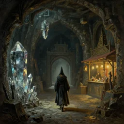 a wizard walking through a dungeon, looks like it's from labyrinth, dark crystal and bazaar, painting by albert bierstadt, ultrawide angle, f 1 6, golden ratio, f 3 2, well composed, cohesive