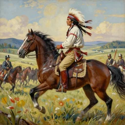 a highly detailed matte action painting of an american native sioux on his horse overlooking col custer's last stand, in the style of greg rutkowski and remedios varo, ultra realistic, detailed, intricate, full of color, 4 k, hyperrealistic, focused, extreme details, masterpiece