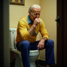 joe biden picking his nose while sitting on the toilet, cinematic framing, cinematic lighting, hdr, gritty, movie still, 4k,  70s psychedelic style