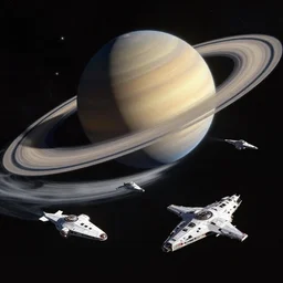 A fleet of starships in orbit around Saturn.