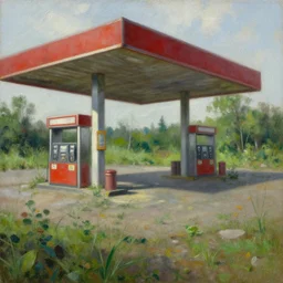 Interior of a post apocalyptic gas station reclaimed by greenery, highly detailed, oil on canvas, by Ivan Shishkin and Aivazovsky