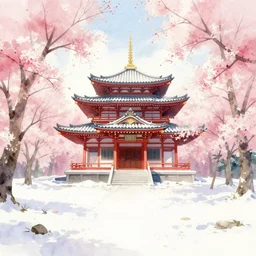 temple in a snow landscape surrounded by cherry blossom, long shot, watercolour painting