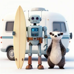 adventurer ( ( ( ( ( 1 9 5 0 s retro future robot holding surfboard standing beside android badger surf wagon rv offroad robot. neon colors. sharp focus extremely detailed a surfboard rack on top hd 8 k ) ) ) ) ) by jean baptiste monge!!!!!!!!!!!!!!!!!!!!!!!!! chrome