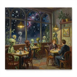 a beautiful painting of a large cozy cafe filled with alien humanoids, stars and nebulas through the windows, moebius, thomas cole, patrick markle, oil on canvas, 8 k, 4 k, highly detailed
