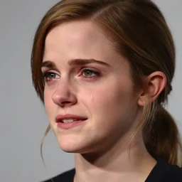Emma Watson, crying with a tear running down her cheek, headshot, close-up, studio lighting, photograph, canon, f/22