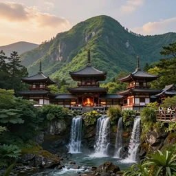 rivendell with japanese pagodas built in the mountains with waterfalls and forest at the foot of green gigantic mountains at sunset, fireplace, hyperdetailed, artstation, cgsociety, 8 k