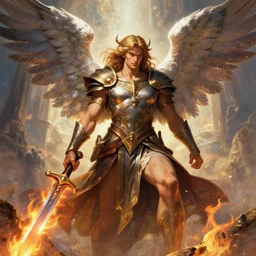 biblically accurate angel, epic propaganda poster, holding a flaming sword, strength, health, confidence, epic digital art in the style of magic the gathering cart art