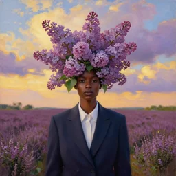 portrait, giant lilac flower as the head, black woman in suit in heather field, surreal photography, golden hour, colorful clouds, impressionist painting, digital painting, artstation, simon stalenhag