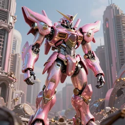 hyperrealistic 3d render high quality baroque mecha!! iridescent pink brutalist city ruins background concept art vray! santiago caruso de chirico sharp cinematic light 8k low angle shallow depth of field