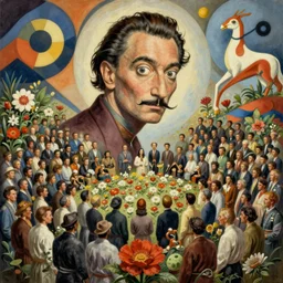 a hd surrealism painting of a large crowd of cult worshippers surrounded by flowers by dali and kandinsky, ultra detailed, 8k