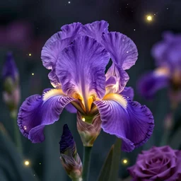 Unique iris, luminous iris, smart, close-up, romantic, fairyland, exquisite, flowers open at night, fireflies, dreamlike picture, starlight, delicate and charming rose, bright picture tone, purple main color