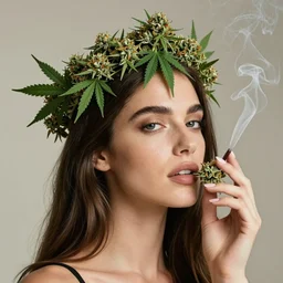 vanessa alexander a goddess of smoking weed, crown on head with marihuana leaf, shot from professional camera, ultra realistic, beatiful lights