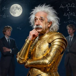 breathtakingly beautiful painting of albert einstein in gold armor, thinking about equations, moonlit sky, matte painting by brian froud, shaun tan, wlo and peter mohrbacher, highly detailed, intricate,, award winning artwork, trending on artstation, high quality printing, fine art with subtle redshift rendering
